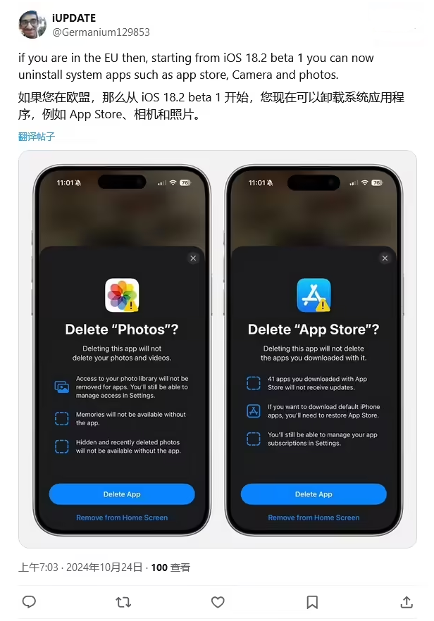 虹口苹果手机维修分享iOS 18.2 支持删除 App Store 应用商店 